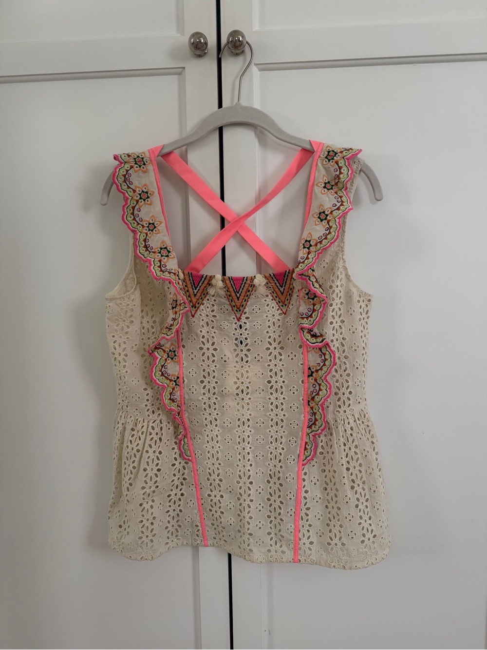 Vineet Bahl Eyelet Embroidered Sleeveless Top with Neon Trim